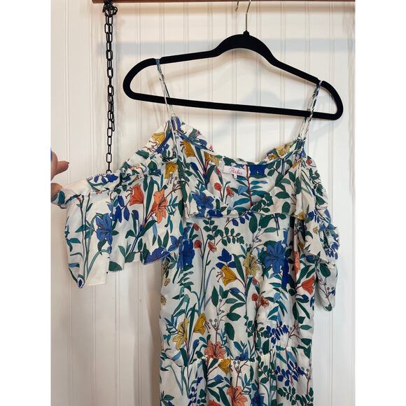 Parker Silk Cold Shoulder Floral Midi Dress Womens Size M Blue Asymmetrical - Picture 4 of 8